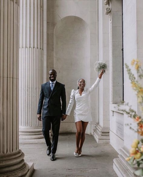 Courthouse Wedding Black Couple, Courthouse Wedding Dress Short, Black Couple Wedding, Black Marriage, City Hall Wedding Photos, Courthouse Wedding Photos, Glam Wedding Dress, Wedding Portrait Poses, Intimate Wedding Photography