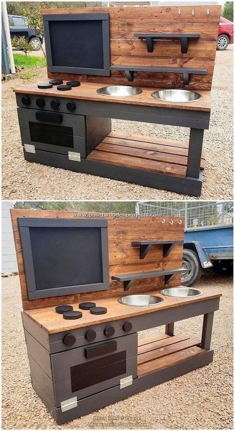 Outdoor Play Kitchen, Mud Kitchen For Kids, Backyard Kids Play Area, Play Kitchens, Kids Outdoor Play, Mud Kitchen, Pallet Outdoor, Backyard Playground, Diy Holz