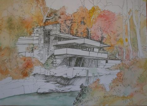 Chinese Buildings, Falling Water House, House Watercolor, Falling Water, Water House, Watercolor Wash, Frank Lloyd, Frank Lloyd Wright, Lloyd Wright