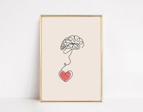 Brain and Heart Poster, Mental Health Wall Art, Therapy Office Decor, Counselor Office, Psychology Art Print by marsolleil on Etsy Counselor Decor, School Counselor Decor, Art Therapy Office, Counselor Office, Therapy Office Decor, Mental Health Therapy, Heart Poster, Brain And Heart, Therapy Office