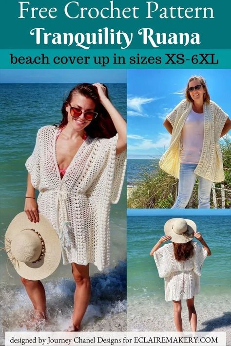 Tranquility Ruana: Free Crochet Pattern | E'Claire Makery Crochet Beach Cover Up Pattern Free, Beach Cover Up Pattern, Crochet Beach Coverup, Crochet Bathing Suit Cover, Cover Up Pattern, Beach Coverup Pattern, Ruana Pattern, Crochet Beach Cover Up, Crochet Bathing Suits