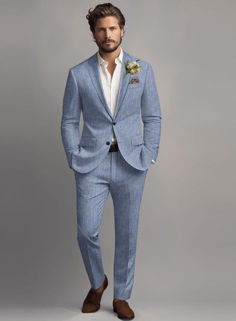 Summer Suits For Men Wedding, Steel Blue Groom Suit, Light Blue Mens Wedding Suit, Light Blue Linen Suit Men, Navy Wedding Suits Men, Heather Blue Suit Wedding, Groom Style Summer Wedding, Light Blue Suit Outfit Men, Casual Blue Suit Men