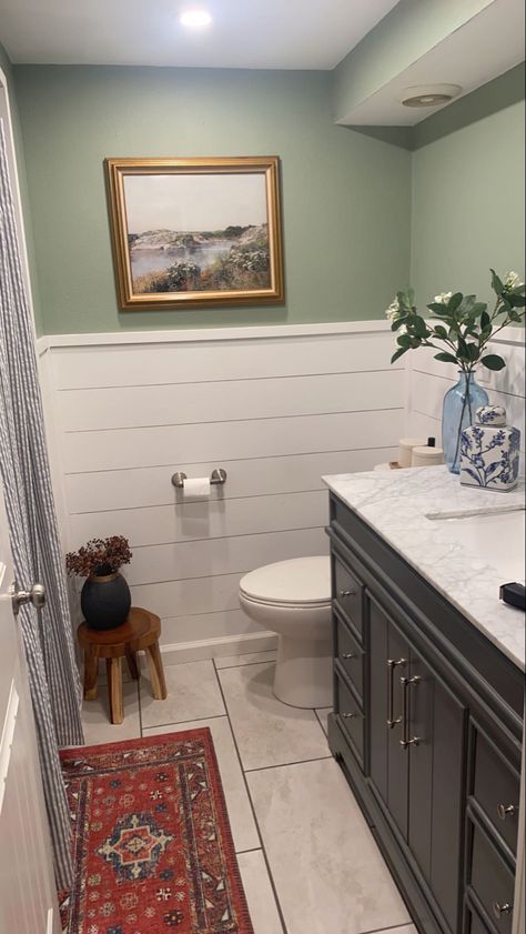 Green Shiplap Bathroom Wall, Shiplap Over Bathroom Wall Tile, Green Shiplap Bathroom, Half Shiplap Wall Bathroom, Half Shiplap Wall, White Beadboard Bathroom, Green Blue Bathroom, Lake House Bathrooms, Shiplap Bathroom Wall