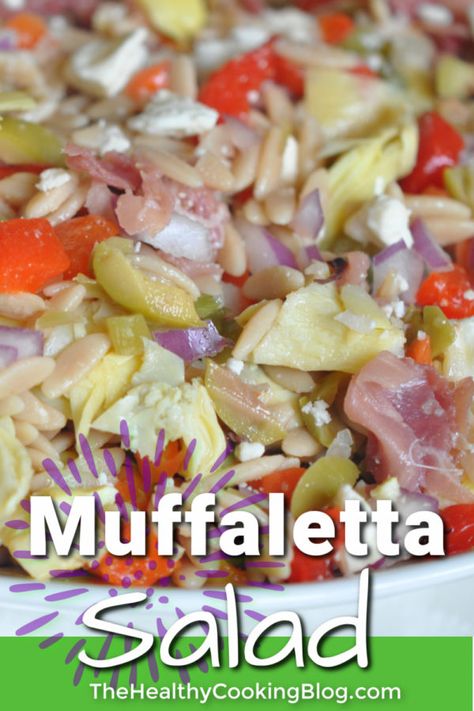 Muffuletta Salad Recipe - Amazing Easy Muffuletta Pasta Salad Muffuletta Olive Salad Recipe, Salad Mix Recipes, Muffuletta Salad, Cajun Recipes Easy, Shrimp And Orzo, Muffuletta Recipe, Olive Salad Recipe, Salad Feta, Easy Healthy Cooking