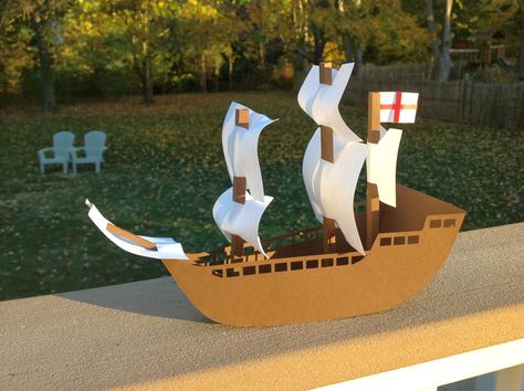 Using the same body from my Columbus ship,  I recreated a model of the Mayflower.  The Mayflower is flying the St. George's Cross. St. Georg... Neverland Party, Boat Crafts, Cardboard Toys, Pirate Birthday Party, Paper Boat, Pirate Birthday, Pirate Theme, Pirate Party, Karas Party Ideas