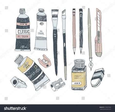 Hand drawn art tools and supplies set. Doodle style. Vector illustration. #Ad , #AD, #tools#supplies#art#Hand Artist Tools Drawing, Art Materials Illustration, Art Tools Illustration, Tools Illustration, Creative Infographic, Artist Supplies, Artist Materials, Doodle Style, Calendar Ideas