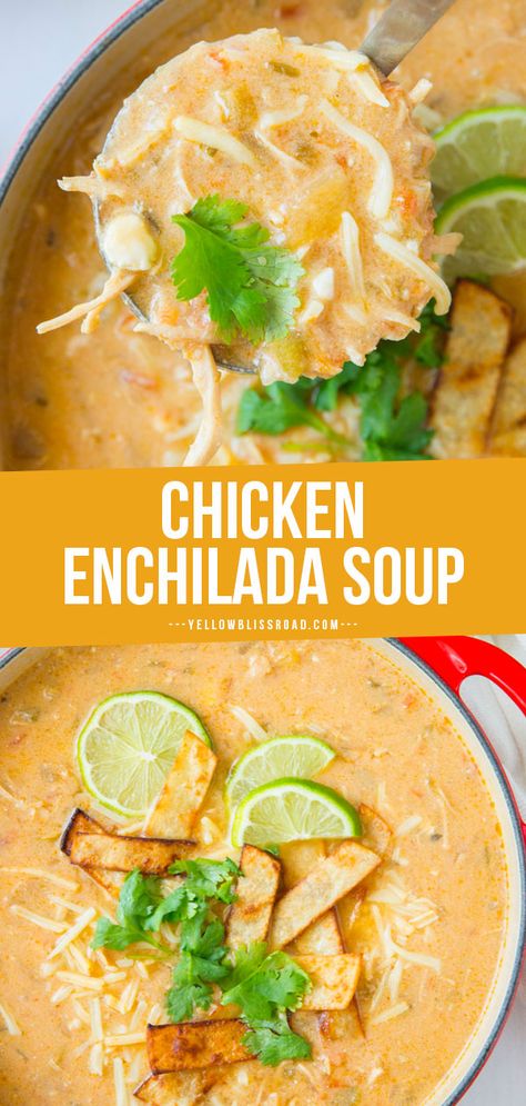 Green Chile Chicken Enchilada Soup has all the enchilada flavor, no rolling required! An easy weeknight soup topped with tortillas, sour cream and cheese. Green Chile Chicken Enchilada Soup, Easy Weeknight Soup, Authentic Chicken Tortilla Soup, Weeknight Soup, Best Chicken Tortilla Soup, Enchilada Soup Recipe, Green Chile Enchilada Sauce, Creamy Chicken Tortilla Soup, Chicken Tortilla Soup Easy