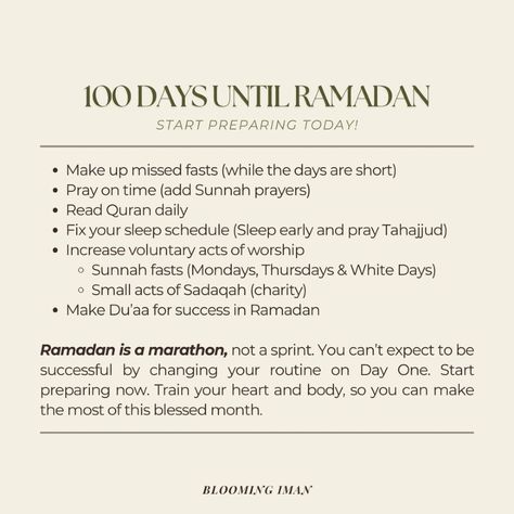 Ramadan is a marathon, not a sprint. You can’t expect to succeed by changing your routine on Day One.

Start preparing now—train your heart and body to make the most of this blessed month. May Allah allow us to reach Ramadan and have a successful one. Ameen.

#RamadanPrep #SpiritualGrowth #Ramadan2025 #Fasting #IslamicReminders #PrepareForRamadan #islam #islamicreminder Fasting Times, Ramadan 2025, Ramadan Start, Preparing For Ramadan, Ramadan Month, Sunnah Prayers, Marathon Not A Sprint, Month May, Sleep Early