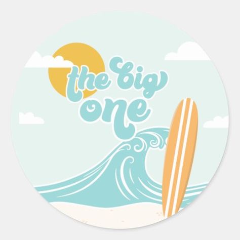 $7.40 | The Big One Surf Beach 1st Birthday #beach, surfing, boy, turquoise, waves, summer, surf birthday, the big one, 1st birthday, orange Beach 1st Birthday, The Big One Surf Birthday, Pinterest Party Crafts, Surf Birthday, Surf Stickers, Baby Birthday Decorations, Birthday Party Stickers, Party Stickers, Beach Birthday