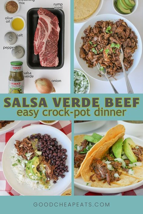 Salsa Verde Beef can be served so many different ways. It's delicious in bowls, in burritos, and in tacos. You can make this easy recipe with just five ingredients in the instant pot or slow cooker. It's simple and delicious, the perfect shredded beef recipe. Shredded Beef Tacos Crockpot, Salsa Verde Beef, Crockpot Beef Tacos, Shredded Beef Recipe, Shredded Beef Recipes, Shredded Beef Tacos, Crock Pot Tacos, Beef Tacos, Potted Beef