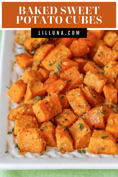 Baked Sweet Potato Cubes - these oven roasted sweet potatoes are easy to make, flavorful and have a tasty Parmesan cheese and spices coating making them our new favorite side dish. #roastedsweetpotatocubes #sweetpotato #roastedsweetpotato #bakedparmesansweetpotatoes #sweetpotatocube Baked Sweet Potato Chunks, Sweet Potato Chunks Baked, Sweet Potato In Oven Baked, Cubed Sweet Potatoes Baked, Diced Sweet Potatoes Baked, Sweet Potato Baked In Oven, Roast Sweet Potatoes Oven, Cubed Sweet Potato Recipes, Baking Sweet Potatoes In Oven