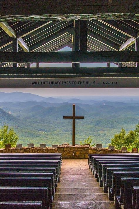 SYMMES CHAPEL  100 Ymca Camp Rd, Cleveland, SC 29635  Symmes Chapel at Pretty Place offers visitors breathtaking views of the Carolina mountains. It is a church with regular Sunday services, but because of its open-air venue, it really is one of a kind.  The sanctuary sits atop Standing Stone Mountain in Greenville County. The vista it offers is the rolling hills of the Carolinas. It is just past the YMCA camp in Cleveland (100 YMCA Camp Road) and is open daily for those hardy enough to brave th Symmes Chapel, Mountain Chapel, Beautiful Chapels, Pretty Place Chapel, Smoky Mountain Wedding, Carolina Mountains, God Is Amazing, North Carolina Mountains, Standing Stone