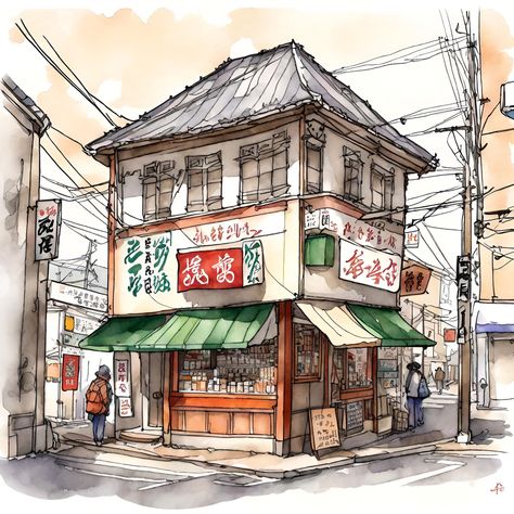 Street Corner Illustration, Japanese Architecture Painting, Japanese Village Art, Japanese Store Fronts, Town Drawing, Japan Watercolor, Japanese Buildings, Japanese Village, Building Sketch