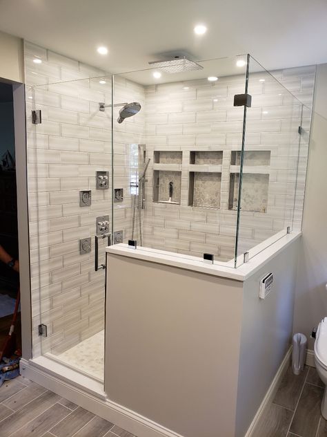 Corner Shower Doors - AMG Shower Doors NJ - Custom Frameless Glass Shower Doors Shower Doors Sliding, Frameless Glass Shower Doors, Corner Shower Doors, Sliding Shower Doors, Shower Sliding Glass Door, Custom Shower Doors, Master Bath Design, Doorless Shower, Subway Tile Showers