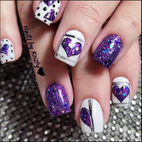 February Nail Designs Valentines Day, Purple Nails Art Designs, Purple Nails With Rhinestones, Purple Valentines Day Nails, Purple Nails Art, Purple Nail Art Designs, Music Nails, Glitter French Nails, Nails With Rhinestones