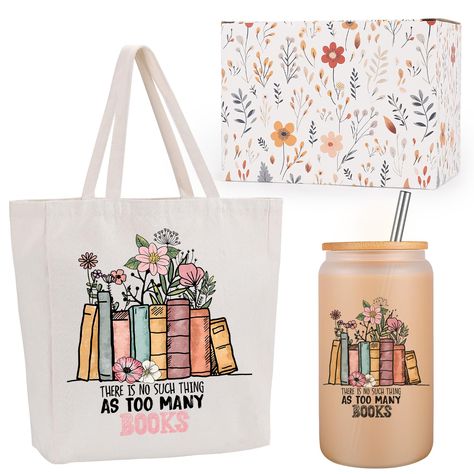 PRICES MAY VARY. Functional gifts for book lovers; Our frosted glass cup and canvas tote bag, are printed with the motivating words, "There is no such thing as too many books"; This set is a thoughtful gift for readers, bookworm, teacher, student, librarian, author; Cute book gifts for yourself or your friends, girlfriend, bestie, sister, sister in law, daughter, coworker, or anyone who loves to read Great book lover gifts for any occasion; Whether you're celebrating a birthday for a friend who Womens Retreat Gifts, Book Exchange Party, Book Lovers Gift Basket, Book Gift Basket, Book Themed Gifts, Bookmark Art, Book Reader Gifts, Functional Gifts, Cup Gift Set