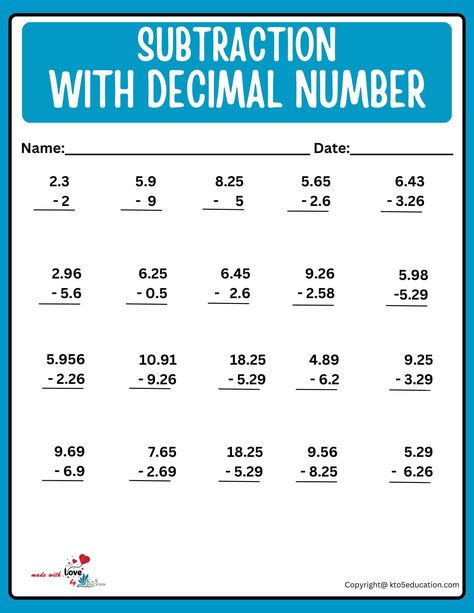 Subtraction With Decimal Number Printable Worksheet | FREE Download Decimals Addition, Abc Order Worksheet, Adding Decimals, Number Worksheet, Decimals Worksheets, Math Practice Worksheets, Decimal Number, Addition And Subtraction Worksheets, Preschool Tracing