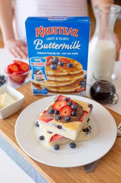 Lake Party Food, Pancakes With Fruit, Pancake Mix Uses, Krusteaz Pancake Mix, Sheet Pan Pancakes, Pan Pancakes, Fruit Pancakes, Easy Breakfast Recipe, Favorite Breakfast Recipes