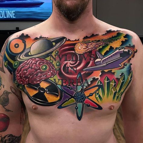 Chest Tattoo by @joshwoods at @theblacklanternoc in Dana Point California. #chesttattoo #brain #spaceship #biohazard #planet #atom #joshwoods #theblacklanternoc #danapoint #california #tattoo #tattoos #tattoosnob Color Tattoo Ideas, Chest Piece Tattoo, Atom Tattoo, Science Tattoos, Skull Rose Tattoos, Molecule Tattoo, Rose Tattoos For Men, Trash Polka Tattoo, Full Back Tattoos