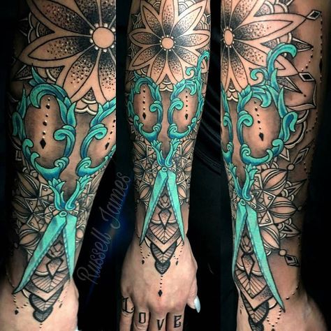 Sciccor Tattoo, Hair Dresser Tattoos Ideas, Hair Stylist Tattoo Ideas, Shear Tattoos, Cosmetologist Tattoo, Turquoise Tattoo, Cosmetology Tattoos, Shears Tattoo, Hairdresser Tattoos