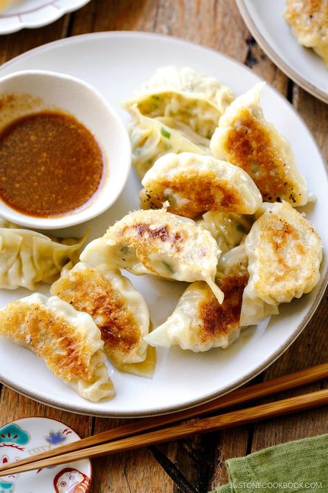 These crispy and juicy Napa Cabbage Gyoza with miso dipping sauce are bursting with flavor and have an amazing, balanced texture. The mild and sweet napa cabbage perfectly complements the miso-seasoned pork filling. Make a batch and freeze now! Gyoza Dipping Sauce, Napa Cabbage Recipes, Fried Sushi, Dumpling Sauce, Best Dumplings, Just One Cookbook, Dumpling Filling, Napa Cabbage, Main Dish Salads