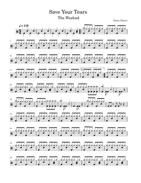 Save Your Tears – The Weeknd / Drum Sheet Music Drum Notes Sheet Music, Drums Music Sheet, Drum Sheet Music Beginner, Drum Music Sheet, Drums Notes, Save Your Tears The Weeknd, Free Guitar Sheet Music, Sheet Music Tattoo, Drum Notes