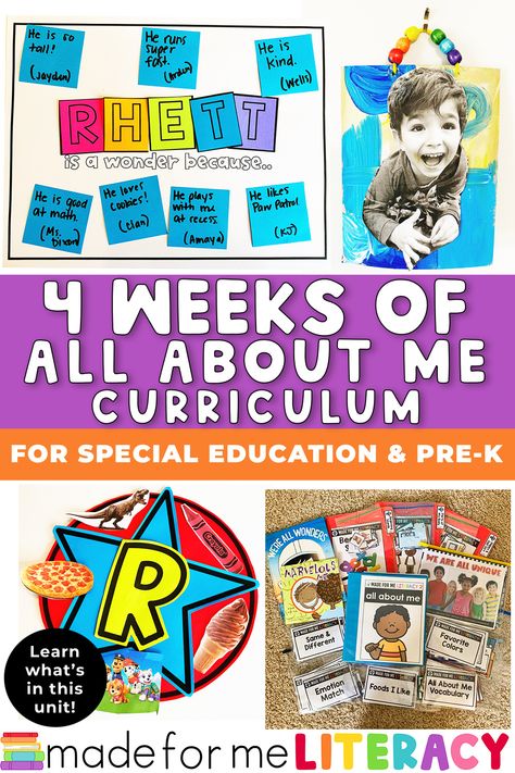 This image contains: An all about me activity Literacy Lesson Plans, Themed Lesson Plans, All About Me Unit, Special Education Preschool, Differentiation In The Classroom, Pre K Curriculum, Build Classroom Community, Weekly Themes, Sped Classroom