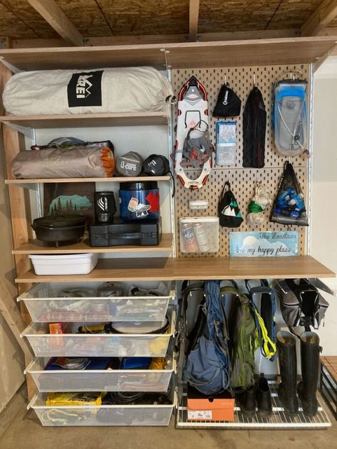 #diystorage #storage #storageideas Camping Equipment Storage Ideas, Hiking Gear Closet, Camping Gear Wall Storage, Sports Clothes Storage, Camping Gear Room Ideas, Camping Gear Storage Room, Organizing Fishing Gear, Camping Storage Garage, Storage Camping Gear