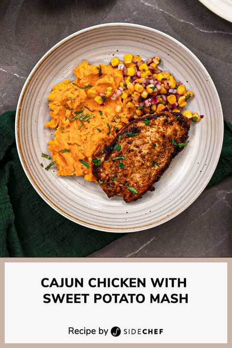 Cajun Chicken Sweet Potato, Chicken With Mashed Sweet Potatoes, Chicken And Mashed Sweet Potatoes, Mashed Sweet Potato And Chicken Recipes, Cajun Sweet Potatoes, Sweet Potato And Chicken Recipes, Chicken Sweet Potato Recipes, Chicken And Sweet Potato Recipe, Mashed Sweet Potatoes Healthy