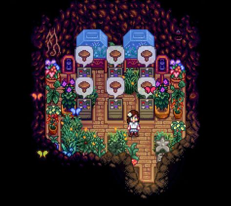 Stardew Valley Cave Decoration, Stardew Mushroom Cave Design, Mushroom Cave Stardew Valley, Stardew Valley Mushroom Cave, Mushroom Cave, Stardew Ideas, Stardew Farm, Stardew Farms, Valley House