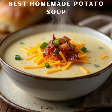 Best Homemade Potato Soup
Ingredients
4 large russet or Yukon gold potatoes (peeled and diced)
1 medium onion (diced)
2 cloves garlic (minced)
4 cups chicken or vegetable broth
1 cup heavy cream or milk
1/2 cup sour cream
4 slices bacon (cooked and crumbled, optional)
1 cup shredded cheddar cheese
2 tbsp unsalted butter
2 tbsp all-purpose flour
Salt and pepper to taste
Chopped green onions or parsley (for garnish)
Instructions
Cook the Base:

In a large pot, melt the butter over medium heat. ...