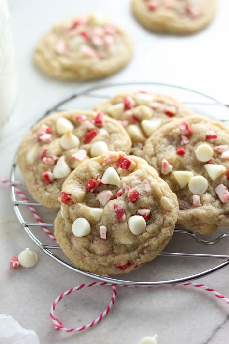 White Chocolate Peppermint Crunch Cookies | Baked in AZ Chocolate Chip Peppermint Cookies, Peppermint Crunch Cookies, White Chocolate Peppermint Cookies, Farmhouse Recipes, Cranberry Christmas Cake, Peppermint Crunch, Best White Chocolate, Crunch Cookies, White Chocolate Peppermint