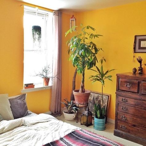 Bedroom Wall Paint Colors, Yellow Bedroom Walls, Mustard Yellow Bedrooms, Yellow Bedroom Decor, Yellow Room, Yellow Living Room, Bedroom Wall Paint, Yellow Bedroom, Simple Room