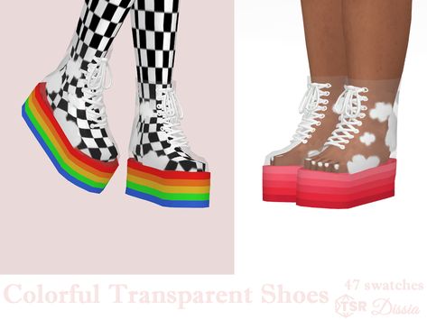 Ts4 Platform Shoes, Rainbow Sims 4 Cc, Clowncore Sims 4 Cc, Sims 4 Cloud Cc, Colorful Sims 4 Cc, Sims 4 Platforms, Clowncore Dress, Kidcore Style, Transparent Boots