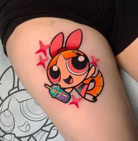 Blossom Powerpuff Tattoo, Matching Friend Tattoos, Nerdy Tattoos, Petit Tattoo, Kawaii Tattoo, Tatuaje A Color, Powerpuff Girl, Blossom Tattoo, Glitter Tattoo