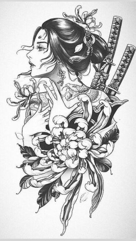 Japanese Style Back Tattoo, Female Samurai Tattoo, Tato Geisha, Japan Tattoos, Female Samurai Art, Geisha Tattoo Design, Aesthetic Sketchbook, Game Of Thrones Tattoo, Tattoo Japanese Style