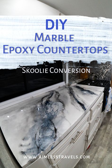 DIY Skoolie Epoxy Countertops - Aimless Travels Epoxy Tile Countertop, Navy Epoxy Countertop, Apoxsee Countertops Diy, Epoxy Countertop Designs, Diy Epoxy Countertop Over Laminate, Gray Epoxy Countertops, Blue Epoxy Countertop, How To Epoxy Countertops, Glitter Epoxy Countertop