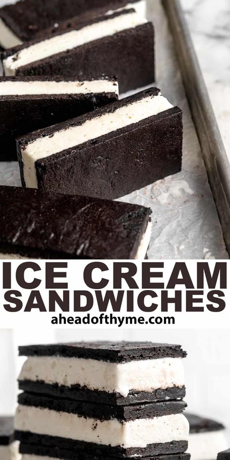 Nothing says summer better than ice cream, and these homemade Ice Cream Sandwiches are the very best! Creamy vanilla ice cream is perfectly nestled between two tender homemade chocolate cookies for that classic flavor we all love. They're surprisingly easy to make and a fun nostalgic option for backyard barbecues, birthday parties, or just because! | aheadofthyme.com #icecreamsandwich #icecreamsandwiches #icecreambars via @aheadofthyme Homemade Ice Cream Sandwiches Cookie, Chocolate Ice Cream Sandwich, Homemade Chocolate Cookies, Easy Ice Cream Sandwiches, Vanilla Ice Cream Sandwich, Homemade Ice Cream Sandwiches, Discard Recipe, Ice Cream Sandwiches Recipe, Ice Cream Maker Recipes