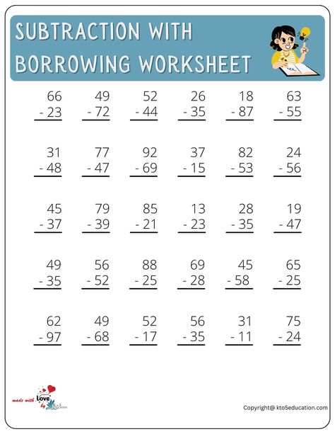 Subtraction With Borrowing Worksheet For Kids | FREE Subtraction With Borrowing, Math Subtraction Worksheets, Class 1 Maths, Worksheet For Class 2, Worksheets For Class 1, Self Esteem Worksheets, Math Subtraction, Addition And Subtraction Worksheets, First Grade Worksheets