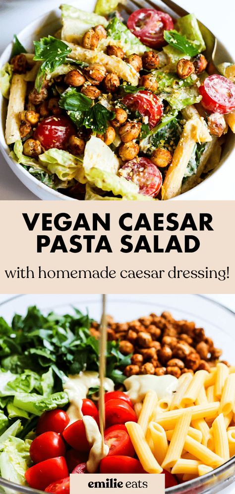 A classic dish with a twist, this vegan Caesar Pasta Salad is full of creamy vegan Caesar dressing and crunchy chickpea croutons! If you're looking for cookout ideas, this makes a perfect side dish! Chickpea Caesar Salad, Tofu Chickpea, Kale Vegetable, Caesar Salad Dressing Recipe, Caesar Pasta Salad, Dry Pasta, Oregano Salt, Caesar Pasta, Crunchy Chickpeas