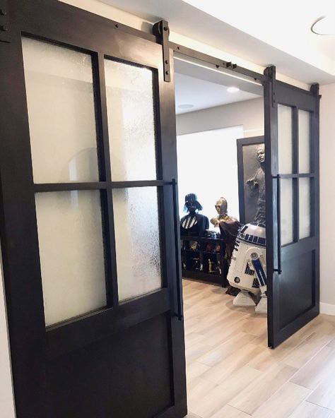 Black Barn Door With Glass Panels, Sliding Barn Door With Window, Window Barn Doors, Office With Sliding Door, Home Office Barn Door, Glass Panel Barn Door, Barn Door Game Room, Modern Double Barn Door, Barn Door Office Doors