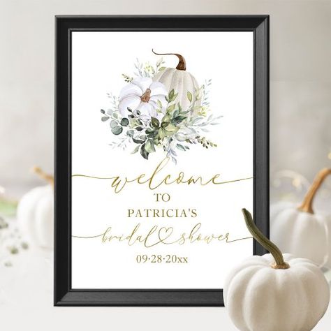 $13.15 | Pumpkin Greenery Fall Bridal Shower Welcome Poster #watercolor, elegant, welcome sign, greenery, bridal shower, pumpkin, fall themed bridal shower, autumn, white pumpkin, gold foil Themed Bridal Shower, Fall Bridal Shower, Poster Watercolor, Bridal Shower Welcome Sign, Wedding Posters, Welcome Poster, Watercolor Invitations, Pumpkin Fall, Bridal Shower Party