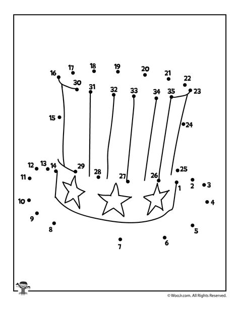 Uncle Sam Hat Dot to Dot Page | Woo! Jr. Kids Activities Activity Pages For Kids, Americana Summer, Patriotic Activities, Uncle Sam Hat, Fourth Of July Crafts For Kids, School Age Activities, Dots Game, 4th July Crafts, Pre K Activities