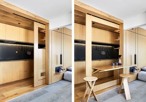 Ingenious Micro-Apartment Renovation Includes a 'Disappearing Kitchen' (Video) Micro Apartment, Multifunctional Space, Small Apartment Design, Apartment Renovation, Compact Living, Tiny Apartment, Big Ideas, Multifunctional Furniture, Space Saving Furniture