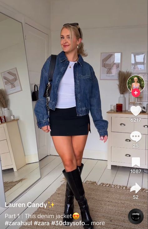 Going Out Midsize Outfits, Vegas Outfit Ideas Midsize, Fall Black Mini Skirt Outfit, Black Mini Skirt Outfit Plus Size, Black Skirt Denim Jacket, Oversized Denim Jacket Outfit, Mini Skirts Outfits Summer, Black Mini Skirt Outfit, Holiday Fits