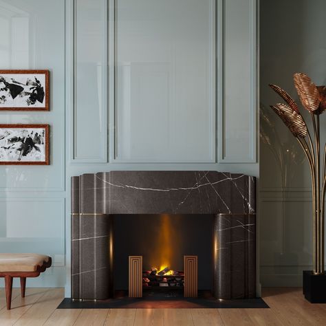 INTRODUCING: Our latest collaboration with @chesneysusa -- The Empire and The Mercury! The two fireplace mantels were created by Pembrooke & Ives to explore silhouettes inspired by Art-Deco and modern design motifs found in our projects worldwide. Visit our #linkinbio to learn more about the newest designs at Chesneys.⁠ .⁠ #interior #interiors #interiordesign #fireplaces #fireplace #mantels #fireplacemantels #architectural #architecture #arhcitecturaldesign #newcollection #newproduct #newdesi... Art Deco Fireplaces, Art Deco Fireplace Ideas, Art Deco Electric Fireplace, Neoclassic Fireplace, Art Deco Fireplace Surround, Art Deco Fireplace Screen, Regency City Series Gas Fireplace, Deco Fireplace, Jazz Colors