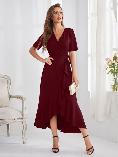 Ruffle Hem Knot Side Wrap Dress | SHEIN Shein Style, Ruffle Hem, Dress P, Dresses Online, Fashion News, Wrap Dress, Knot, Long Sleeve Dress, Womens Dresses