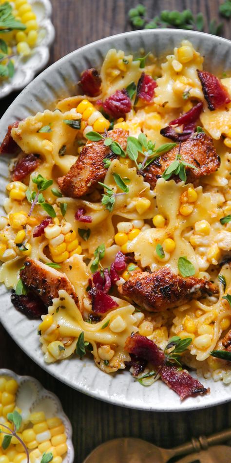 Creamy Chicken Pasta with Corn and Bacon - on a white plate. Pasta With Corn, Pasta With Bacon, Chicken And Corn, Corn Pasta, Creamy Chicken Pasta, Bacon Pasta, Corn Recipes, Chicken Dishes Recipes, Summer Dinner