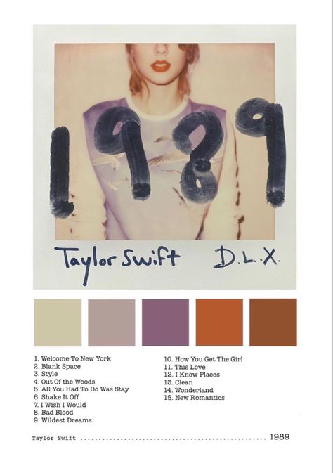 1989 Taylor Swift Aesthetic Colors, 1989 Colour Palette, 1989 Taylor Swift Color Palette, 1989 Palette, 1989 Color Palette, Taylor Swift 1989 Party, 1989 Songs, Songs Poster, Taylor Swift Discography