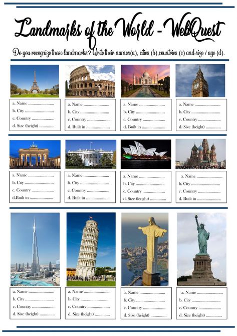 Wonders Of The World Activities For Kids, Landmarks Of The World, Teacher Encouragement Quotes, English Language Course, Social Studies Worksheets, World Geography, English Activities, World Cities, Famous Landmarks